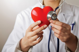 Heart health concept with doctor holding red plastic heart