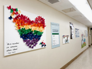 Hall with various memorial artwork pieces for life donations.